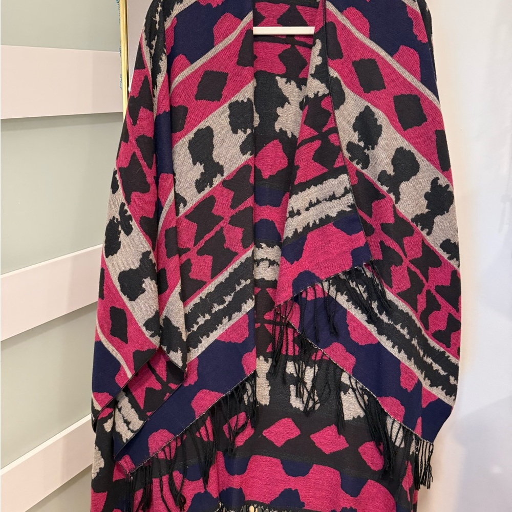 Geometric Patterned Poncho with Fringe